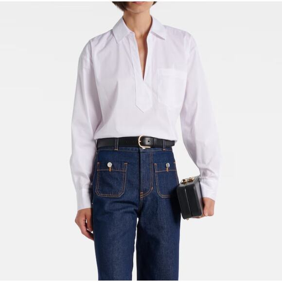 Veronica Beard Tops - Veronica Beard 8 Poplin Shirt White Khai Cotton Blend Split Neck Long Sleeves